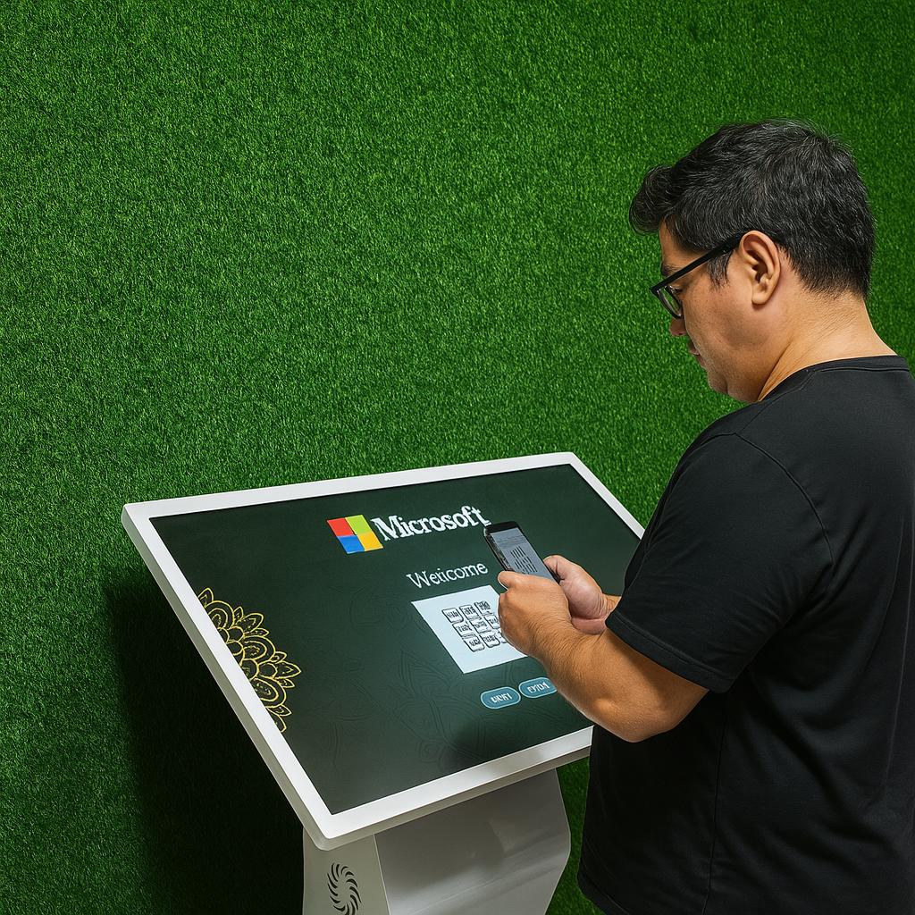 Guest receiving printed Arabic calligraphy artwork at a live event in Dubai, showcasing AI-powered personalized calligraphy in an elegant cultural setting.